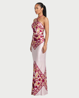 MALVINA Satin Floral Backless Bodycon Maxi Dress
