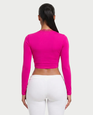 ZEINARA Lace Trim Tie-Front Long Sleeve Crop Top