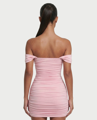 FENIX Floral Appliqué Ruched Off-Shoulder Mini Dress