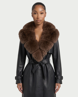 RUSILLA Faux Leather Fur Collar Belted Trench Coat