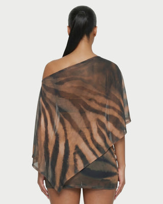 OVALINE Sheer Zebra Print One-Shoulder Top & Mini Skirt Set