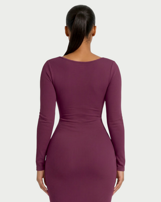CORA Ribbed Knit Sweetheart Square Neck Midi Dress