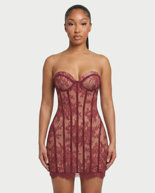 KEANA Strapless Sheer Lace Corset Bodycon Mini Dress