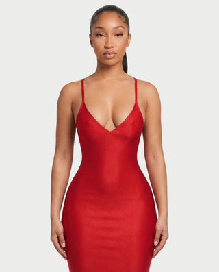NOVARIA Spaghetti Strap Low-Back Ruched Fishtail Maxi Dress