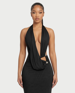MARYLIN Draped Halter Deep V Side Cutout Maxi Dress