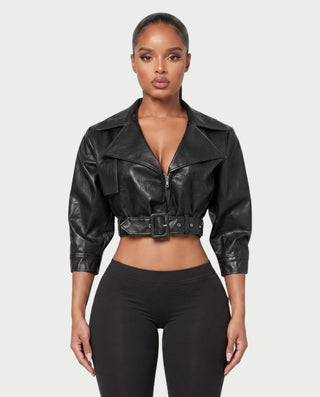 ARDEN Cropped Faux Leather Moto Jacket with Belted Waist