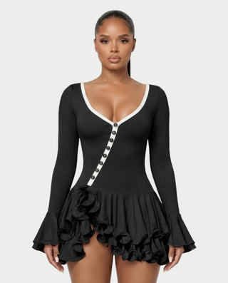 NADIA V-Neck Asymmetric Long Sleeve Ruffle Mini Dress