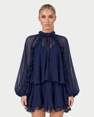 NAVIA Ruffle Mock Neck Long Sleeve Mini Dress
