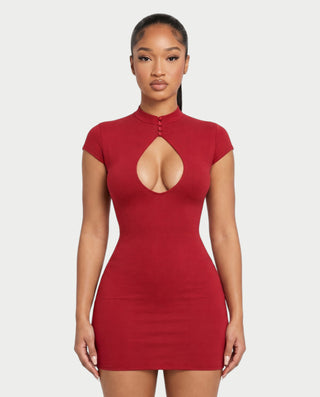 LILIANA Keyhole Button Neck Cap Bodycon Mini Dress