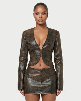 LEONIE Faux Crackle-Texture Cropped Jacket & Mini Skirt Set