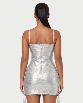 ZAKIYA Lace-Up Side Square-Neck Metallic Mini Dress