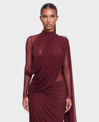 IYYA High Neck Long Sleeve Draped Ruched Maxi Dress