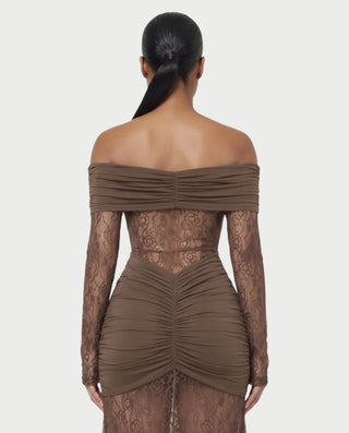 MORLA Off Shoulder Floral Lace Ruched Maxi Dress