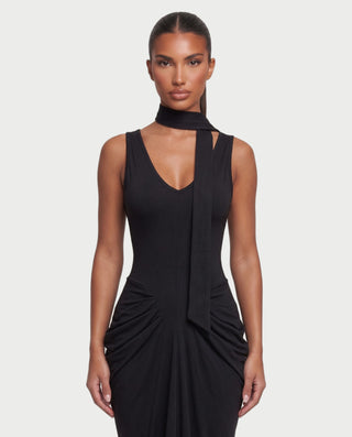 ZYRINA Long Neck Scarf Ruched Bodycon Maxi Dress
