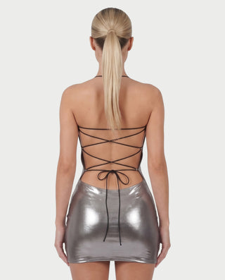 ROHANNA Metallic Spaghetti Strap Bodycon Mini Dress