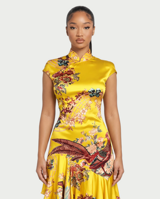 VALENZA Floral Crane Collar Ruffle Hem Mini Dress