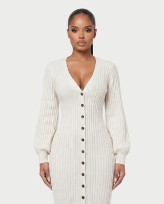 KIVA V-Neck Ribbed Knit Balloon Sleeve Maxi Dress