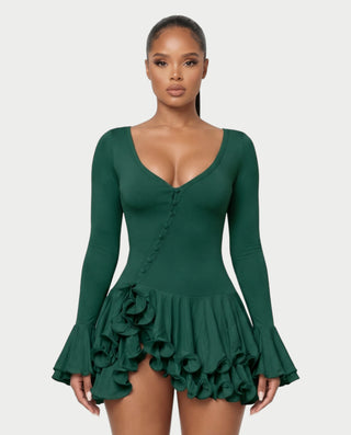 NADIA V-Neck Asymmetric Long Sleeve Ruffle Mini Dress