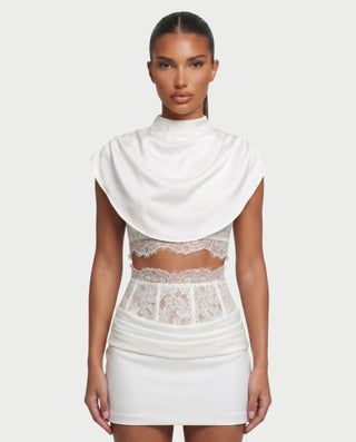 LESKA Draped Top Lace Mini & Skirt Set