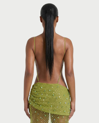 CARRINE Beaded Cutout Ruched Mesh Maxi Dress