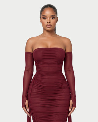 KERRYN Ruched Strapless Long Sleeve Fitted Maxi Dress