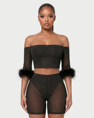 RAMIRA Faux Feather Trim Mesh Top & Shorts Set