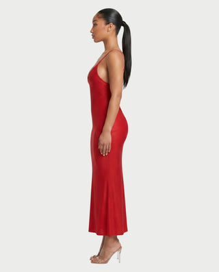 NOVARIA Spaghetti Strap Low-Back Ruched Fishtail Maxi Dress