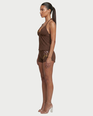 LEINE Embroidered Floral Halter Top & Shorts Set