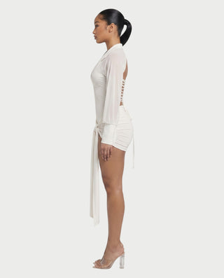 NARRI Deep V-Neck Ruched Draped Lace-Up Back Mini Dress