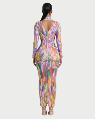 DALLIE Abstract Print Rhinestone Mock Neck Maxi Dress