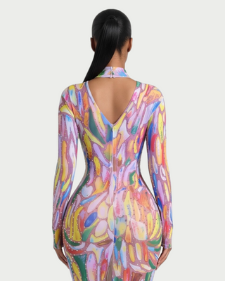 DALLIE Abstract Print Rhinestone Mock Neck Maxi Dress