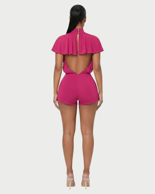 BERNICE Mock Neck Cape Sleeve Open-Back Romper