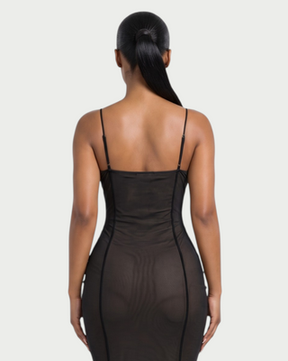 KYLAR Faux Leather Lace-Up Deep V Mesh Maxi Dress