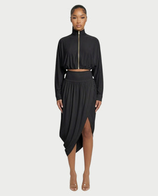 VANYS Zip-Up Crop Top & Draped Midi Skirt Set