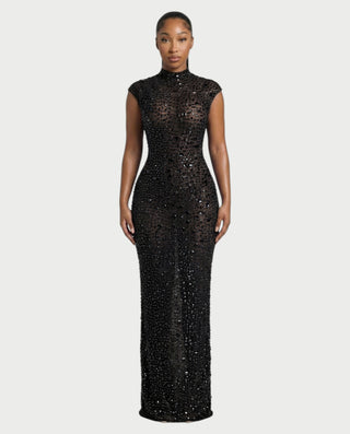 MORIA Crystal High-Neck Bodycon Maxi Dress
