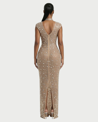 MORIA Crystal High-Neck Bodycon Maxi Dress