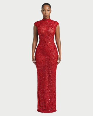 MORIA Crystal High-Neck Bodycon Maxi Dress
