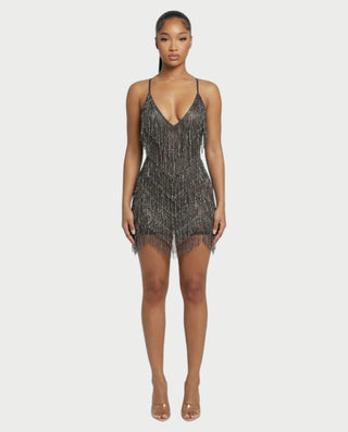 KRISSE Backless Crystal Diamond Tassel Mini Dress