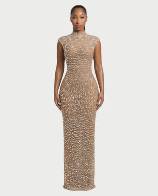 MORIA Crystal High-Neck Bodycon Maxi Dress