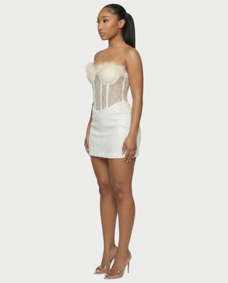 LORNA Feather-Trim Lace Corset Sequin Mini Dress