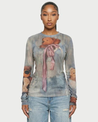 MAURA Vintage Teddy Print Sheer Long Sleeve Top