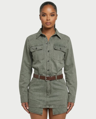 GENYA Denim Utility Pocket Button-Up Belted Mini Dress