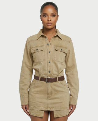GENYA Denim Utility Pocket Button-Up Belted Mini Dress