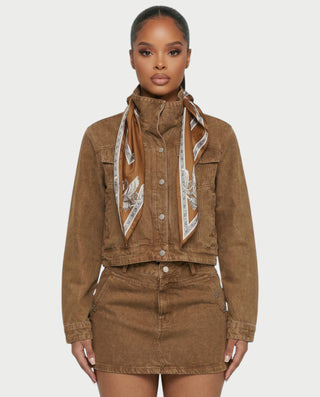 ROXIE Washed Denim Jacket with Scarf & Mini Skirt Set