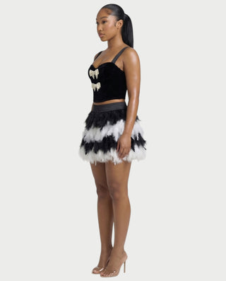 HALEYA Bow-Detail Corset Top & Feather Mini Skirt Set