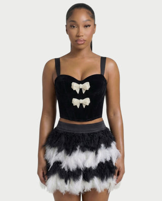 HALEYA Bow-Detail Corset Top & Feather Mini Skirt Set