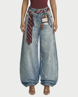 LORETA Graphic Tie Oversized Denim Pants