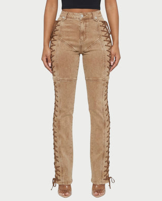 MAEVA Lace-Up Side Detail High-Waist Straight-Leg Pants