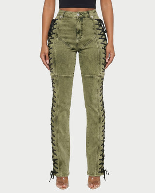 MAEVA Lace-Up Side Detail High-Waist Straight-Leg Pants