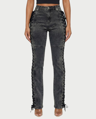 MAEVA Lace-Up Side Detail High-Waist Straight-Leg Pants